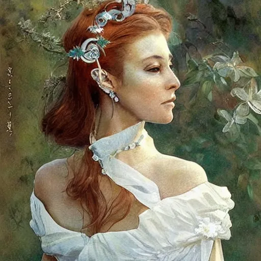 Image similar to A beautiful digital art. She coalesces into a tall woman in a white dress, diamonds around her neck, hair carefully arranged in auburn waves, young and old at the same time. origami by Don Maitz, by Anders Zorn ornate