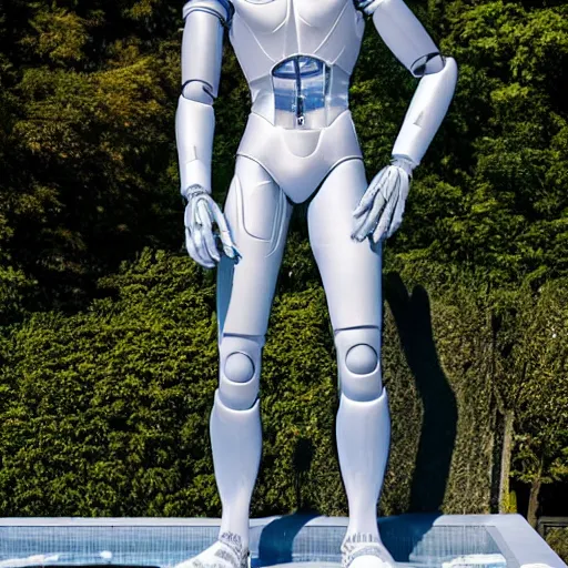 Image similar to made of ice, a realistic detailed photo of a guy who is an attractive humanoid who is half robot and half humanoid, who is a male android, on display, blank stare, showing off his muscles, shiny skin, posing like a statue, by the pool, frozen ice statue, f 1 driver max verstappen, humanoid robot