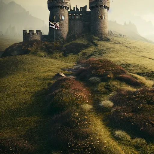 Image similar to a king ruling over a tower of a castle on some hills in england, cinematic, cgsociety, hyper detailed, octane render, unreal engine, foggy, middle of the day, photorealistic