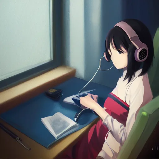 Image similar to Anime painting of a black haired girl wearing headphones while studying in her warm cozy home, by makoto shinkai, relaxed, calm, atmospheric, peacefull, trending on artstation, kimi no na wa