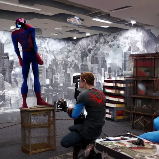 Image similar to a photo of a stopmotion animation filming set of spiderman 3