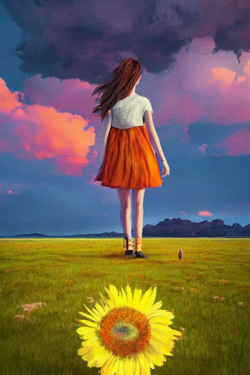 Image similar to giant daisy flower head, girl walking on salt flats mountains, surreal photography, sunrise, dramatic light, impressionist painting, colorful clouds, digital painting, artstation, simon stalenhag