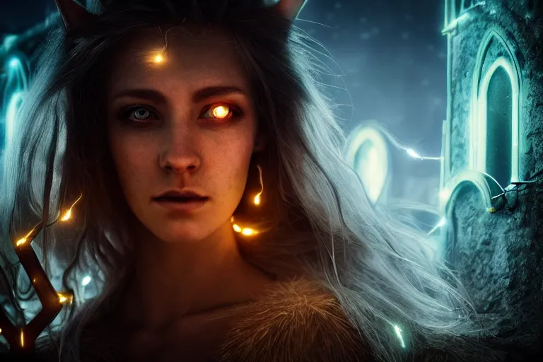 Image similar to an ultra realistic, cinematic, fantasy, headshot portrait, of an elden ring elf, fairy lights, facial features, stood outside an abandoned church, with futuristic buildings and neon signs, detailed, deep focus, movie still, dramatic lighting, ray tracing, by michal karcz and yoshitaka amano