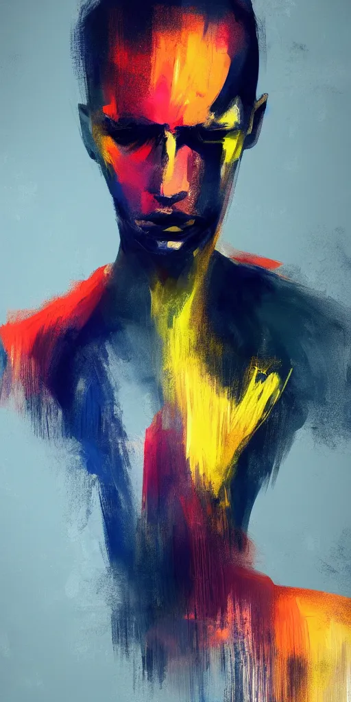 Image similar to closeup, very few thick long paint brush strokes, abstract outline, the physique of one!!! very thin athletic man posing dramatically, closeup, matte colors, dark abstract background, abstract painting trending on artstation