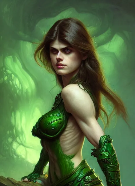 Image similar to portrait of alexandra daddario as a goblin, d & d, muscular! green, fantasy, intricate, elegant, highly detailed, digital painting, artstation, concept art, smooth, sharp focus, illustration, art by artgerm and greg rutkowski and alphonse mucha