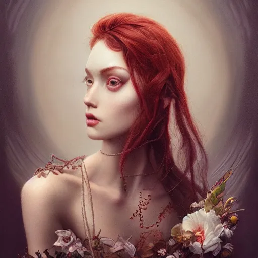 Image similar to tom bagshaw portrait, very beautiful blesed dollpunk in a full dress and long thin lustrous auburn hair, professionally retouched, ultra realistic soft painting, perfectly detailed linework, symmetrical accurate intricate features, behance, focus