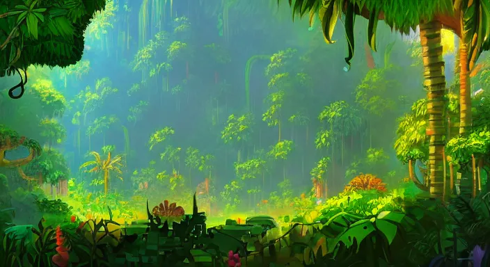 Image similar to beauiful background painting of a jungle level of a 2 d sidescroller game, the jungle is dense and thick, under sunlight above, video game art, pixel art, concept art, soft and lushful, impressionism, ultra detailed, natural lighting, trending on artstation