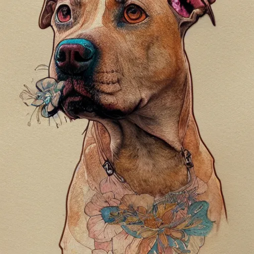 Prompt: a beautiful intricate watercolor illustration of a brown spotted pit bull, 4 k, ultra - wide angle, by william turner, by victo ngai, by alphonse mucha, by miho hirano, hd, trending on artstation, hyper detailed, muted colors