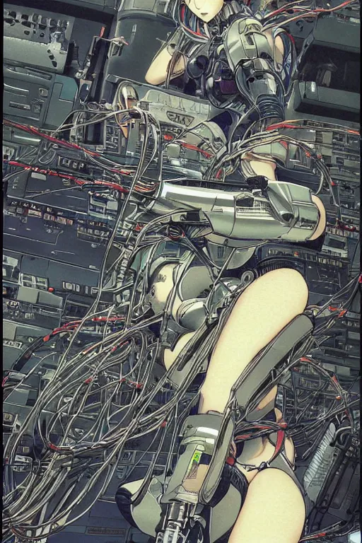 Prompt: beautiful hyperdetailed cyberpunk anime illustration of a feline robot lying in the lab with wires and cables coming out of his head and back, by moebius, masamune shirow and katsuhiro otomo