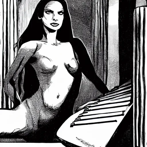 Prompt: mazikeen from sandman sitting on a piano