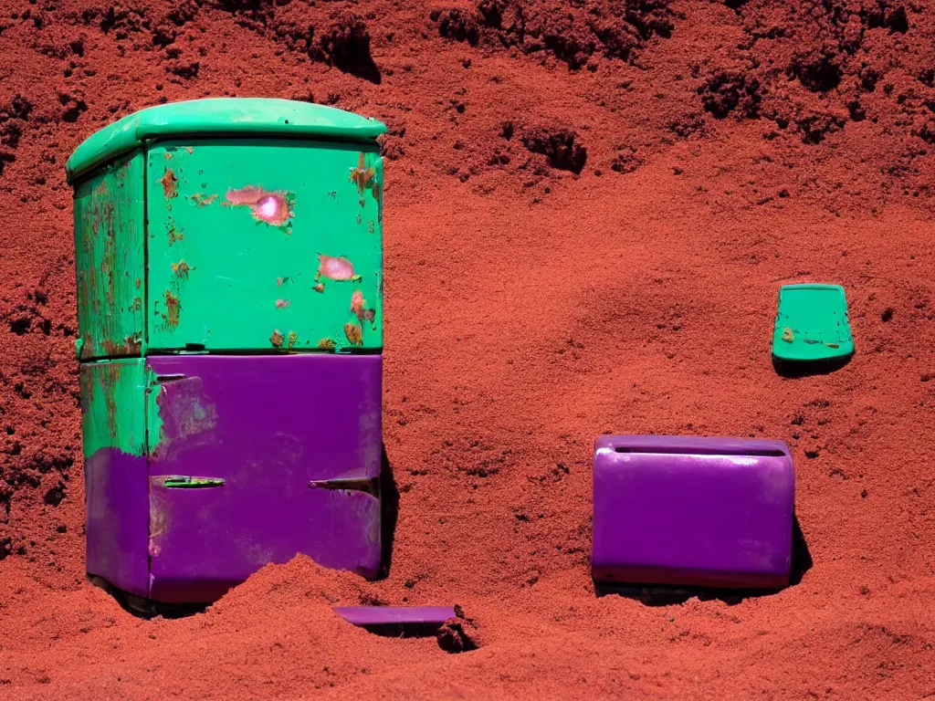 Image similar to purple refrigerator, red sand beach, green ocean, nebula sunset