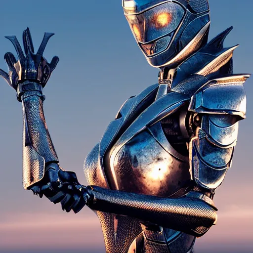 Image similar to cinematic body shot, realistic detailed stunning beautiful armored humanoid anthropomorphic female robot dragon, looking to the side with an elegant pose of hand on hip, smooth and streamlined armor and design made of steel, sharp claws and sharp teeth, high quality head, Slick LEDs, on the beach during sunset, high quality, cinematic art, sci fi, sunset lighting, 3D render, 8k, artstation, deviantart, furaffinity