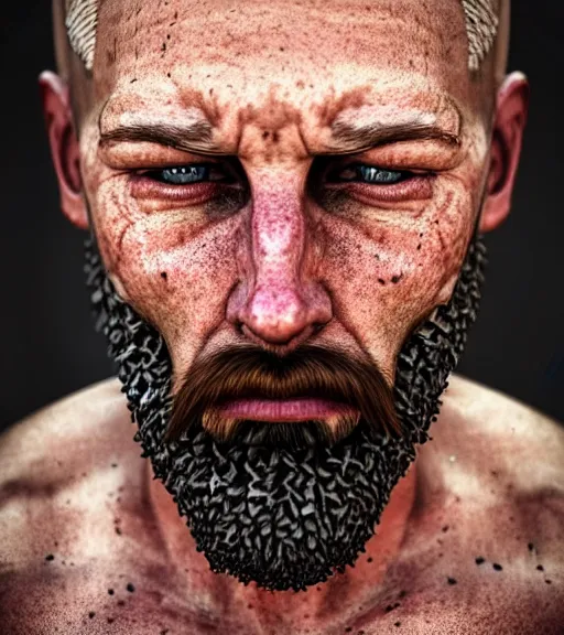 Image similar to portrait of muscular, tired and alcoholic 3 0 - year - ol 5 grieving man with short darkblonde hair, serious sad look in his eyes, looking down, dirty beard, blue eyes, crying tears, wearing dirty soldier uniform, on the desert, sad atmosphere, hyper realistic face, character art, art by mark brooks, cryengine, trending on artstation, digital art
