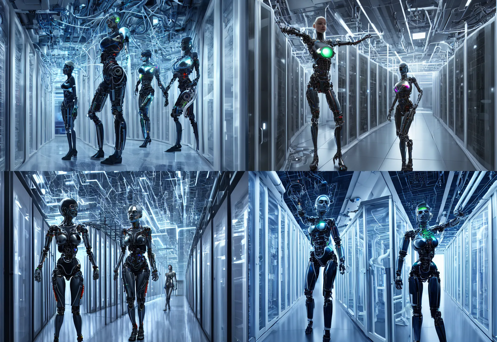 Prompt: female cyborg in data center, in detailed data center, in realistic data center, whole body, whole figure, character design, proportional human body, cinematic realistic, detailed, composition, hyper realistic, extreamly detailed octane render 8 k by ex - machina