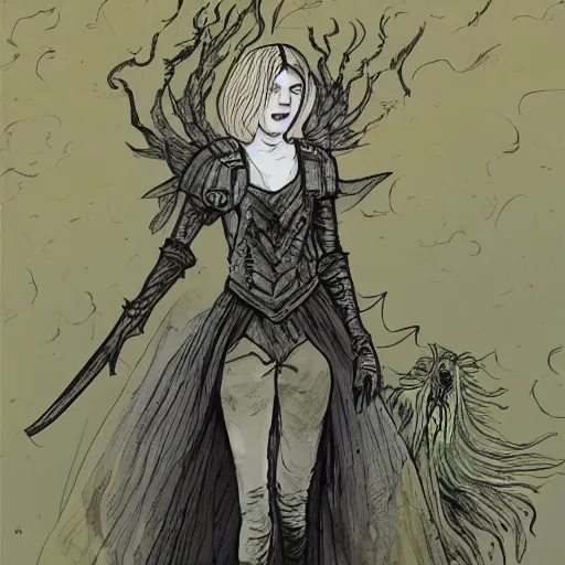 Prompt: Elle Fanning in the painted world of Dark Souls, head and shoulders masterpiece, apocalypse, golden hour, cosmic horror, artstation, in the style of Dr. Seuss, extremely detailed