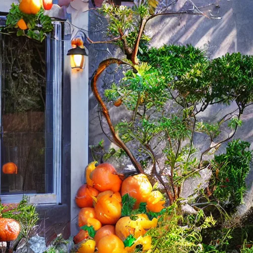 Image similar to a tree growing oranges outside a california suburban home, style of photographers willem verbeeck and Kyle McDougall, complimentary colors, filmic, golden hour