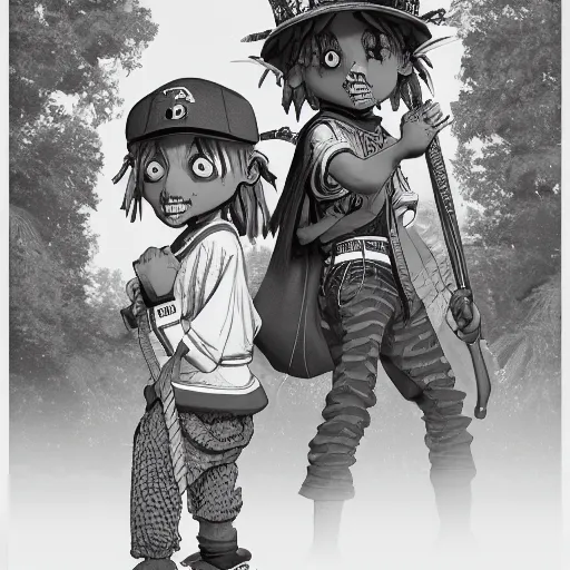 Image similar to rpg character concept art, twin brothers being cute and gangsta, intricate detail, in the style of jamie hewlett kawase hasui riyoko ikeda, 3 d render, artstation trending, 8 k, octane render, photorealistic, sharp detail, manga, black and white