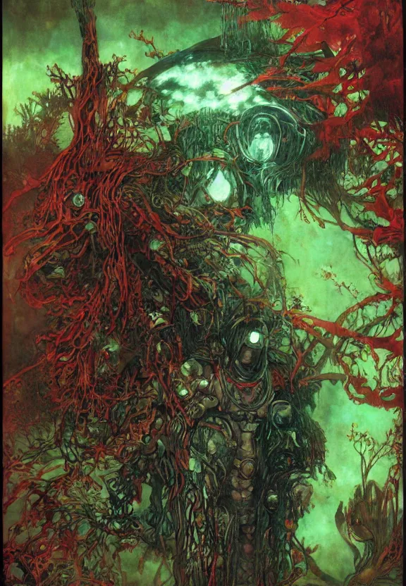 Prompt: ( underwater ) middle length portrait of a glowing cyborg leshy, cinematic light, looking to the side off camera, backlight glow, green bright red, mist, by mikhail vrubel, by philippe druillet, by peter elson, by gerald brom, muted colors, extreme detail, trending on artstation, 8 k