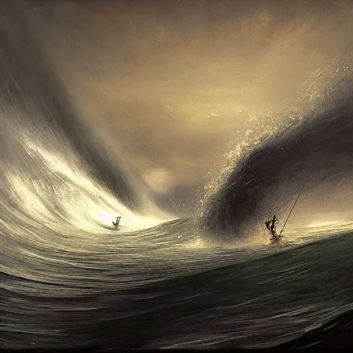 Image similar to by alejandro burdisio, by honore daumier atmospheric, hideous. the digital art of a huge wave about to crash down on three small boats. the boats are filled with people, & they all look terrified.