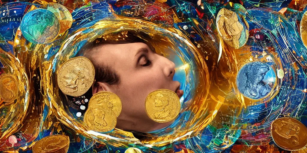 Prompt: astral _ head _ spit _ open _ at _ bottom _ spilling _ out _ coins _ out _ top. _ each coin side is a window to different universes by _ yvonne _ mcgillivray _ by _ mandy _ jurgens _ by _ michael _ divine _ god _ powerful _ eyesglow.