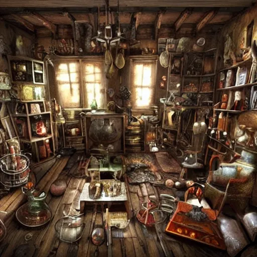 Prompt: weird interior full of stuff, chaotic ambiance, living room of a mad alchemist