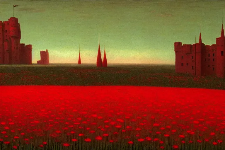 Image similar to only with red, red flowers of different types, a castle in the background, red giants rest over the flowers, in the style of beksinski, part by hopper, part by rodcenko, part by hofbauer, intricate composition, red by caravaggio, insanely quality, highly detailed, masterpiece, red light, artstation, 8 k