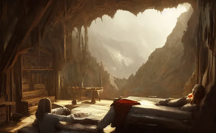 Image similar to painting of a series of living quarters overlooking communal area carved inside a mountain, cozy bed, well maintained, clean, medieval, fantasy genre, natural light, fantasy, natural light, concept art, by greg rutkowski and craig mullins, cozy atmospheric and cinematic lighting, trending on artstation