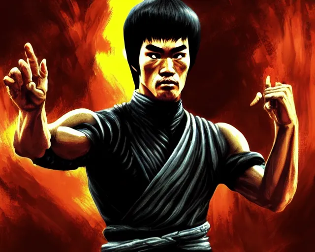 Image similar to a gaming screenshot still portrait of bruce lee in mortal kombat, deep focus, d & d, fantasy, intricate, elegant, highly detailed, digital painting, artstation, concept art, matte, sharp focus, illustration, dark fantasy style art, hearthstone, art by artgerm and greg rutkowski and alphonse mucha