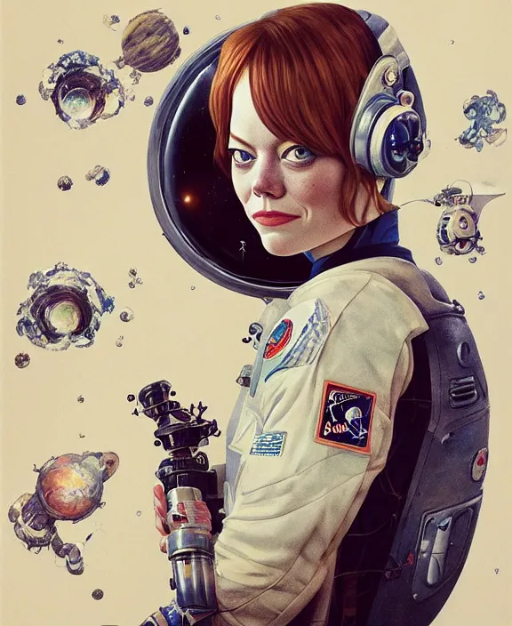 Prompt: full portrait of emma stone as an astronaut, hyper detailed, award winning, exploring the galaxy painting by chiara bautista and karl kopinski and kim jung giu and weta studio, and lucasfilm and jesper ejsing and norman rockwell greg rutkowski frank frazzeta