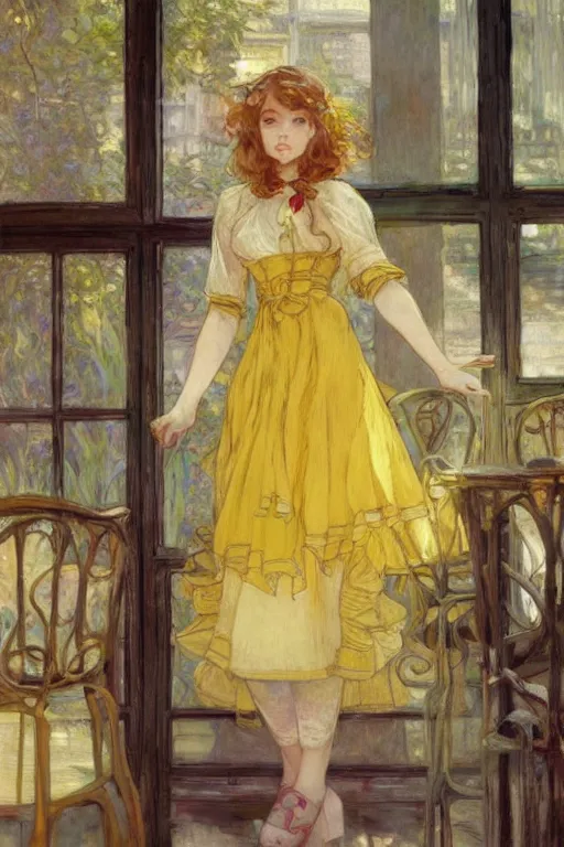 Image similar to A girl in a maid's outfit in a cafe a afternoon, wavy hair yellow theme,S line,45 angel by krenz cushart and mucha and monet and greg rutkowski