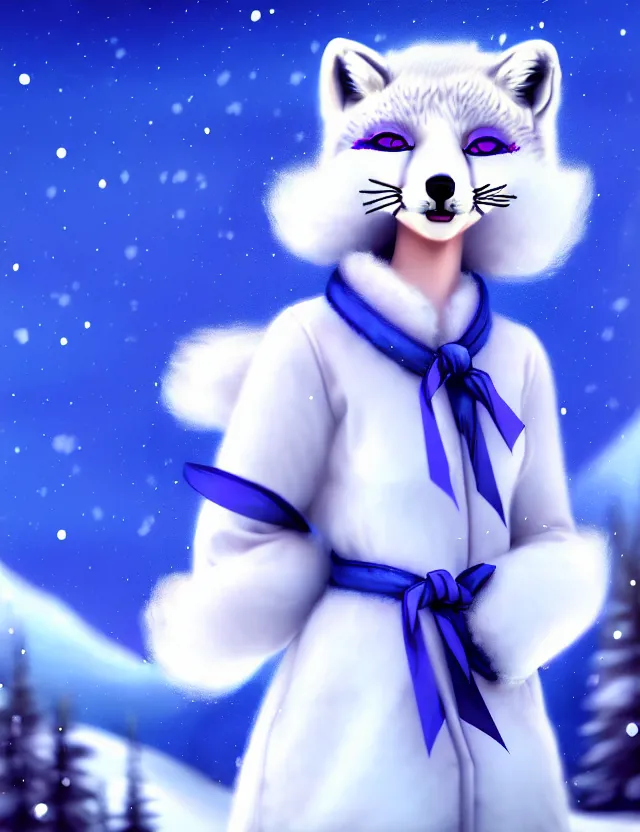 Image similar to a cute anthropomorphic arctic fox girl anthro wearing indigo ribbons and a fluffy robe, winter park background, intricate details, aesthetically complementary colors, scenic background, real life fursona photography. trending on artstation, top rated on pixiv and furaffinity