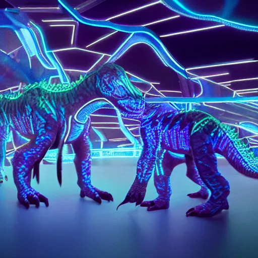 Image similar to electric blue scaled glowing baby dinosaurs in tron movie, cinestill