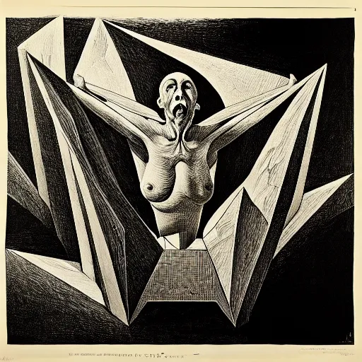 Image similar to lithography on paper secret conceptual figurative post - morden monumental dynamic portrait by goya and escher and hogarth, illusion surreal art, highly conceptual figurative art, intricate detailed illustration, controversial poster art, polish poster art, geometrical drawings, no blur