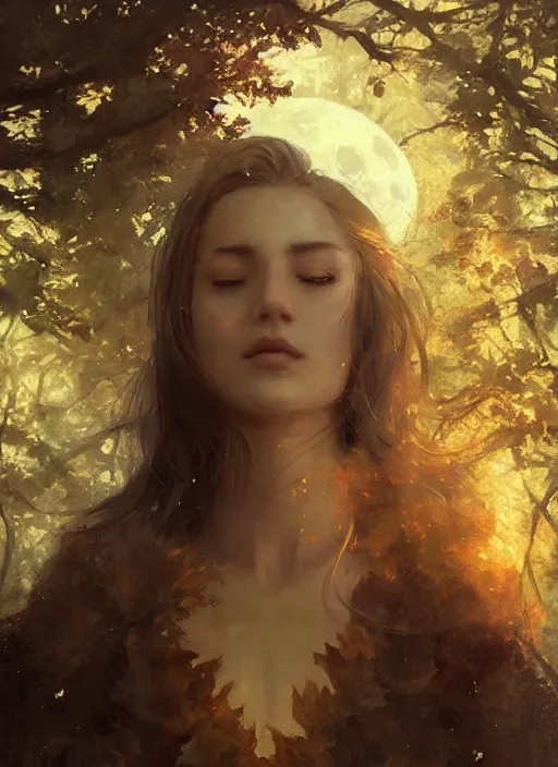 Image similar to golden leaves at frame border, creative composition for a book cover, moon, beautiful portrait painting by jeremy mann, a female witch absurdly beautiful, ultrafine hyperrealistic detailed face by wlop and artgerm and greg rutkowski, intricate linework, sharp focus, smooth, octopath traveler, final fantasy, unreal engine, dramatic lighting, ethereal, 8 k