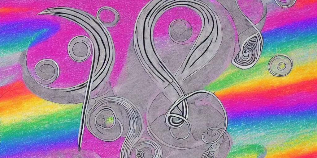 Prompt: intricate curving swirling treble clef staff of complex musical notes and tiny Pink Floyd rainbow prisms and flying pigs flowing from a glass pyramid prism, pastel faded grey rainbow, pink and grey muted colors, faded grey muted wash of distant pastel colors, in the style of Pink Floyd Dark Side of the Moon