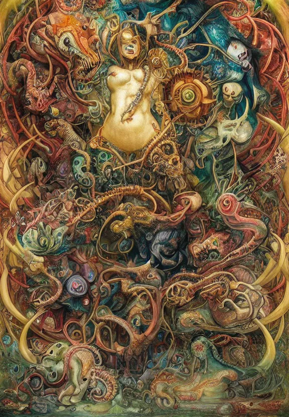 Image similar to simplicity, colorful muscular eldritch animals and bodies radiating outward, mandala, white bones, colorful gems, by h. r. giger and esao andrews and maria sibylla merian eugene delacroix, gustave dore, thomas moran, pop art, chiaroscuro, biopunk, art nouveau