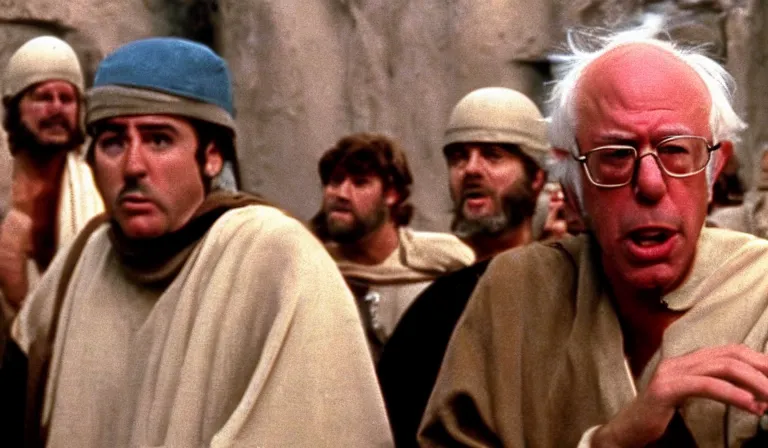 Image similar to a film still of bernie sanders as brian cohen in monty python's life of brian ( 1 9 7 9 )