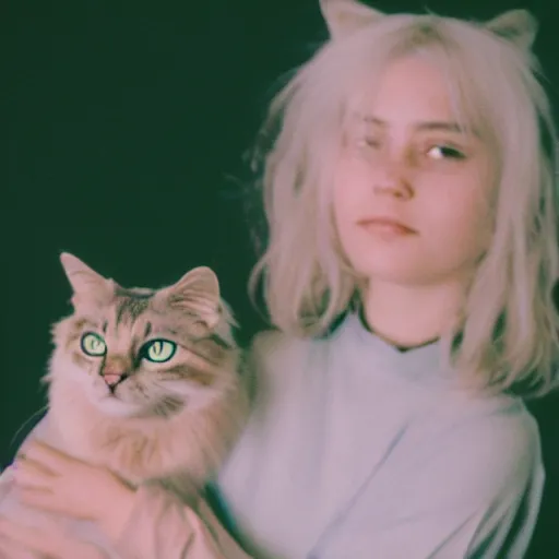 Image similar to ciri holding a cat, cinestill 800t 35mm