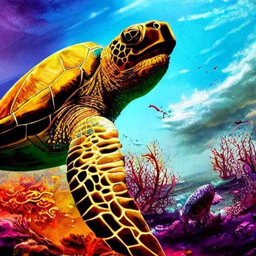 Image similar to zombified sea turtle, beautiful composition, wide angle, colorful, cinematic, volumetric lighting, intricate details painting