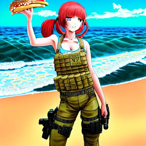 Prompt: Extremely Detailed and Full Portrait scene of Gooey Ocean scene in ink and refined sand, Red head pigtail anime woman with Military gear. Wearing a Army vest full body smiling while eating a sloppy cheese burger. The cheeseburger is leaking red sauce all over the beach by Akihito Yoshitomi AND Yoji Shinkawa AND Greg Rutkowski, Mark Arian trending on artstation