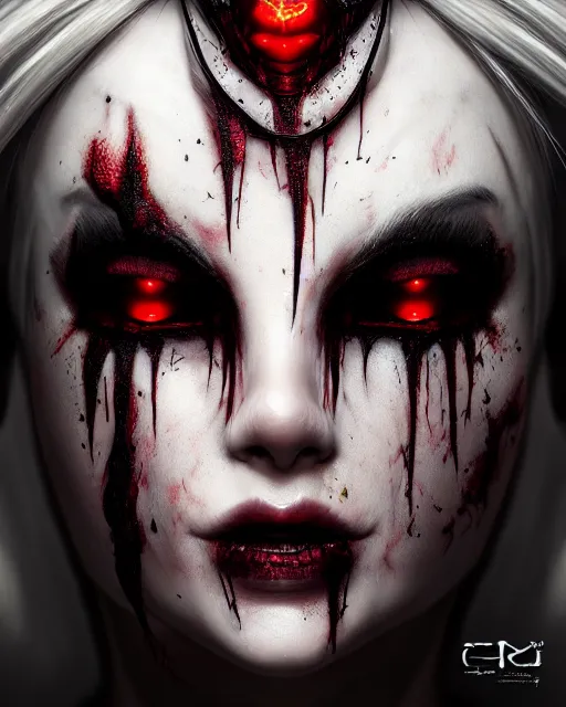 Prompt: beautiful headshot of the psychotic nightmare queen, bleeding eyes, melting features, black sclera, realistic render, unreal engine, cgsociety, trending on deviantart, cinematic lighting, highly detailed