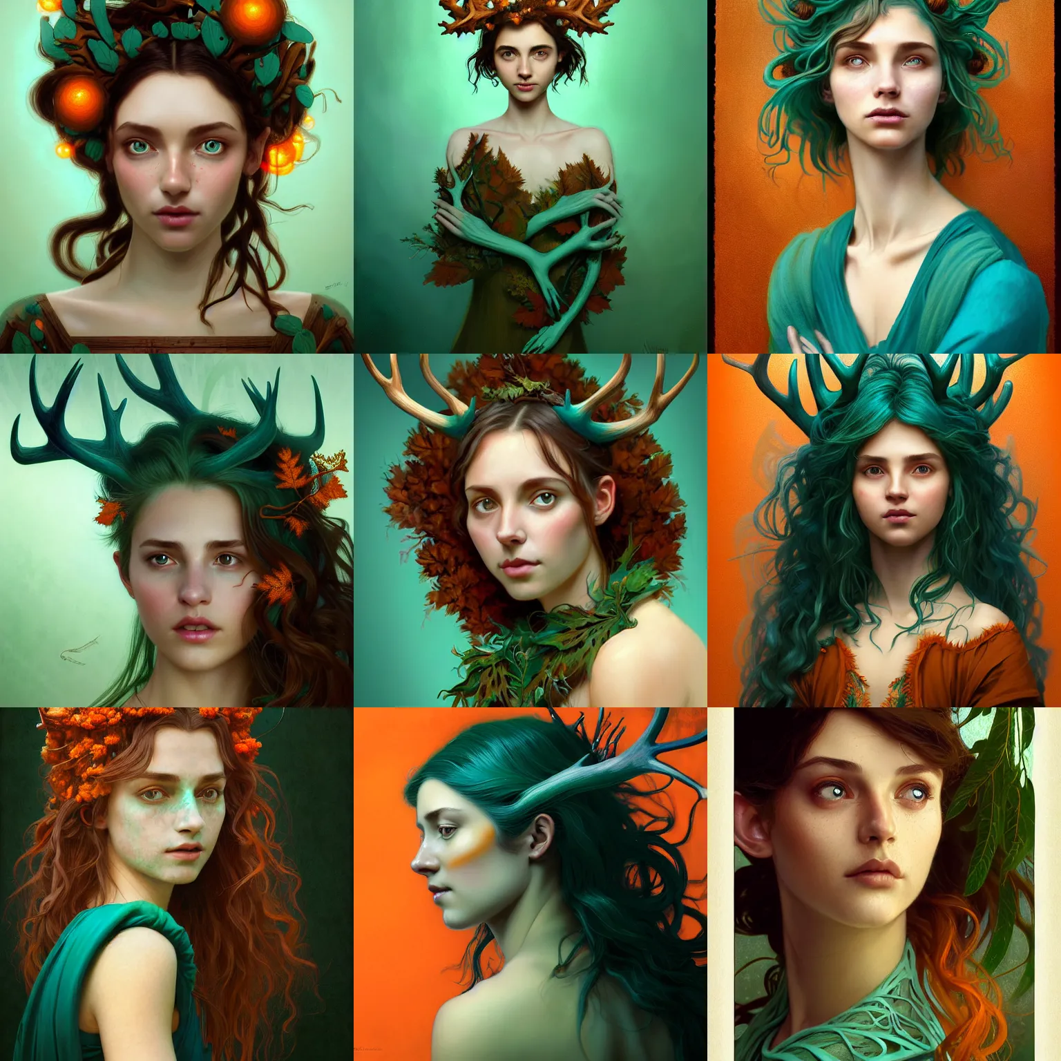 Prompt: beautiful digital painting of a young woman with teal skin and antlers made from wood on her head, brown curly hair with orange oak leaves, in a green dress D&D, fantasy, intricate, beautiful eyes, cinematic lighting, highly detailed, digital painting, Artstation, concept art, smooth, sharp focus, illustration, art by Greg Rutkowski and Alphonse Mucha