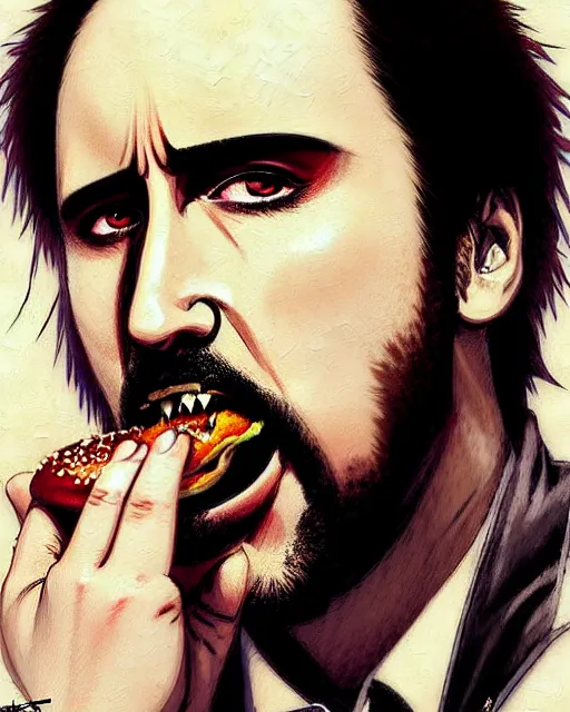 Image similar to portrait Anime Nicholas cage eating burger smoking Sharp fine face, pretty face, realistic shaded Perfect face, fine details. Anime. cyberpunk realistic shaded lighting by katsuhiro otomo ghost-in-the-shell, magali villeneuve, artgerm, rutkowski Jeremy Lipkin and Giuseppe Dangelico Pino and Michael Garmash and Rob Rey