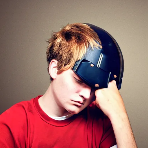 Prompt: portrait of depressed teen, nerds, helmet hair, ugly, male