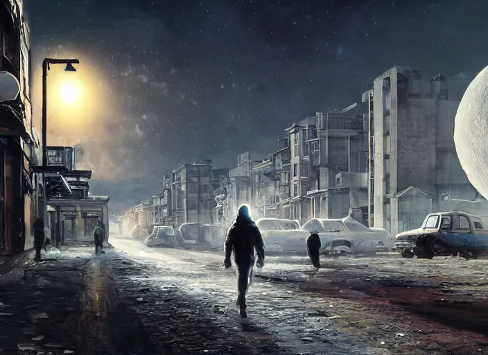 Image similar to moonwalker photo, city art of city street on the moon, a detailed image of a future norilsk base, sci fi, street moon landscape, by antoine blanchard, scott listfield, gregory crewdson, digital art, detailed, realistic, render, 4 k, artstation, deviant art