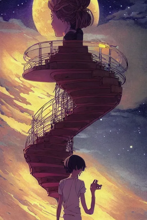 Image similar to a full moon containing the glimmering stairways to otherworldly galaxies, high intricate details, rule of thirds, golden ratio, cinematic light, anime style, graphic novel by fiona staples and dustin nguyen, by beaststars and orange, peter elson, alan bean, studio ghibli, makoto shinkai