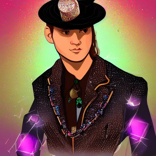 Prompt: A very handsome jewelpunk young man. A Jewelpunk society would be one of gleaming perfection, where every surface is adorned with sparkling gems and jewelry. The skies would be a rainbow of colors, as light reflecting off of the endless gems creates a spectrum of hues. The people would be impeccably dressed, with each outfit adorned with jewels that match their personality and status. Even the weapons and other tools would be made out of precious metals and gems, adding to the overall air of opulence. Men are sexualized as much as women.