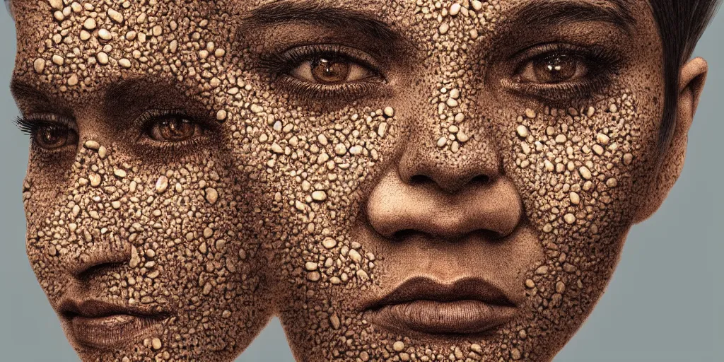 Image similar to Intricate detailed illustration, A portrait of a face constructed from coffee beans, cinematic lighting, by Philip Hood, wide angle, volumetric light scattering, 8k, artstation, concept art,