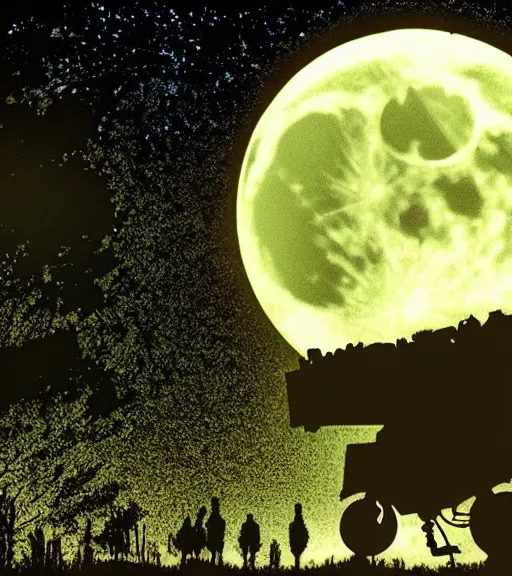 Image similar to the hulk is riding a flying bike across the full moon as silhouette, from the movie e. t. the extra terrestrial, with dark trees in foreground, cinematic frame by steven spielberg, hd