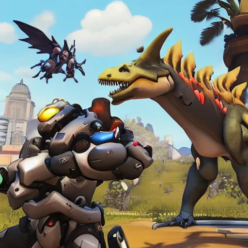 Image similar to Overwatch with dinosaurs